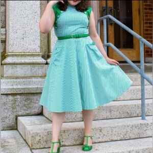 Unique Vintage Green Stripe and Button Dress with matching Belt